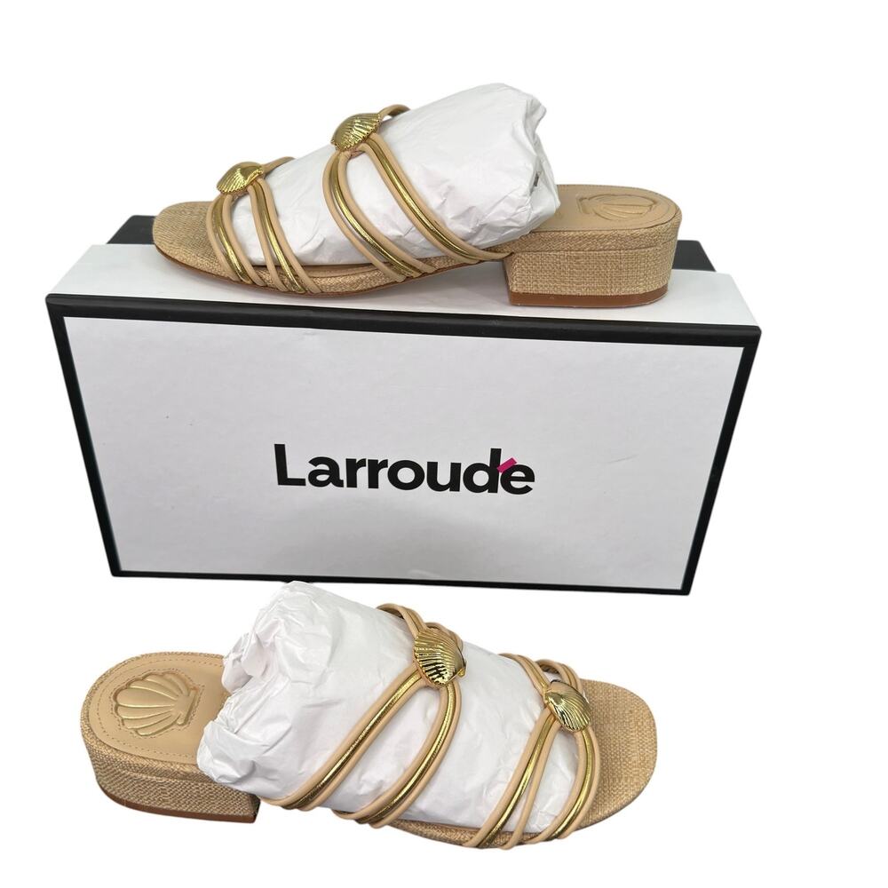 Larroudé Shelly Mule Sandal Strappy Leather Beige Gold Seashell Accent Size 7 - Picture 15 of 16